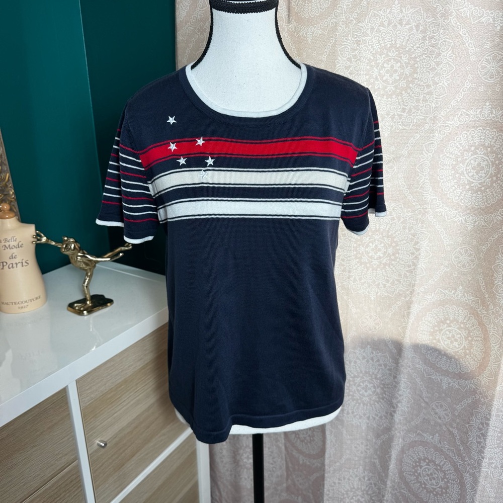 Christopher Banks Patriotic Navy Striped Star Knit Tee Size Medium Granny Chic